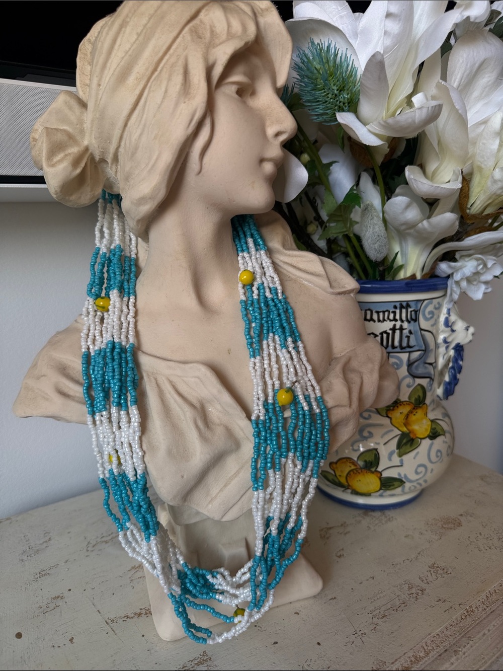 Antica Sartoria Multi strand blue & White Beaded Necklace w/Yellow Lemon Accents